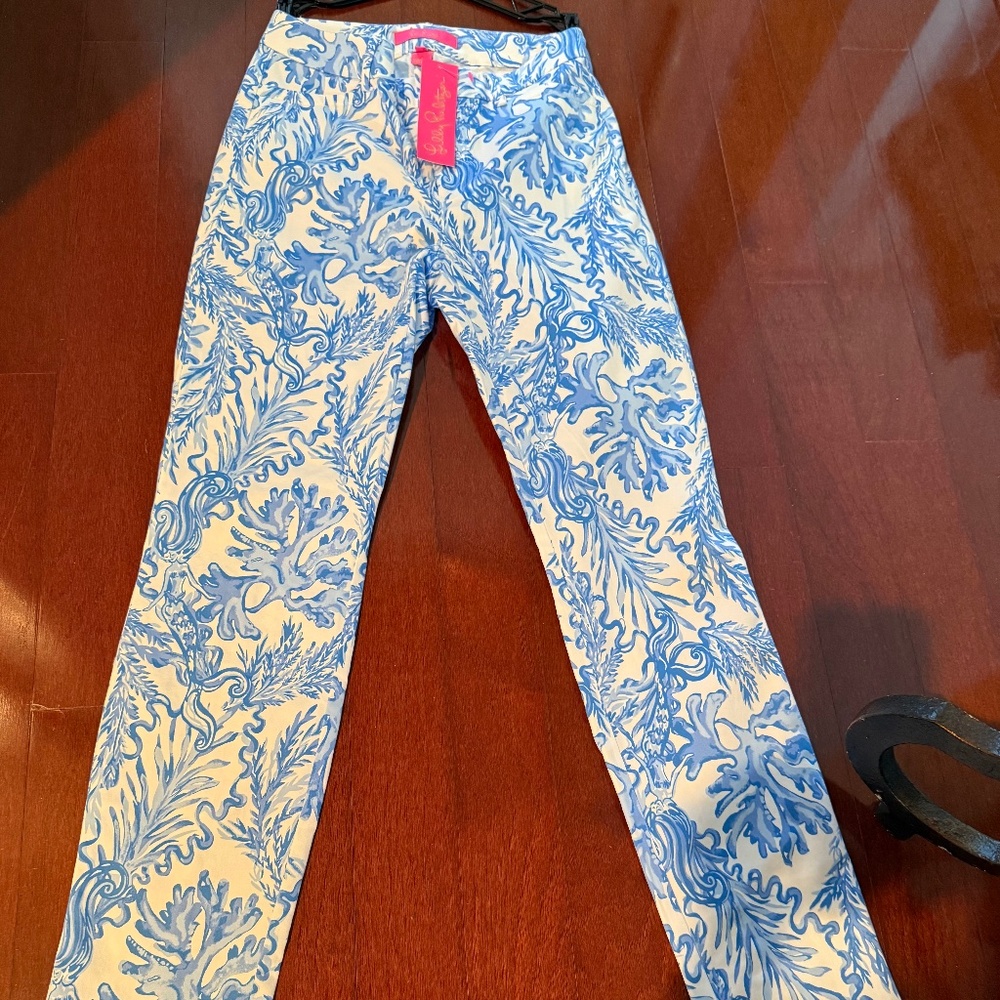 Lilly Pulitzer Kelly High Rise Resort White Aqua Lounge Skinny Pant. Size 0